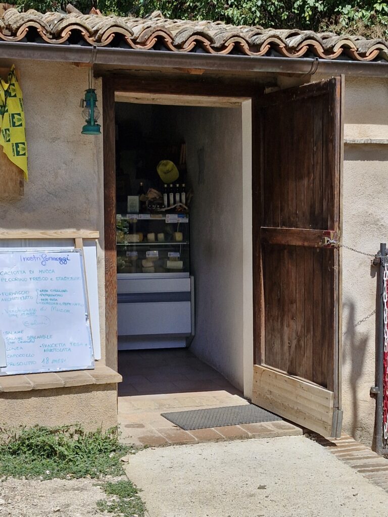 In the open door of the small shop you can see a counter with jars on it.