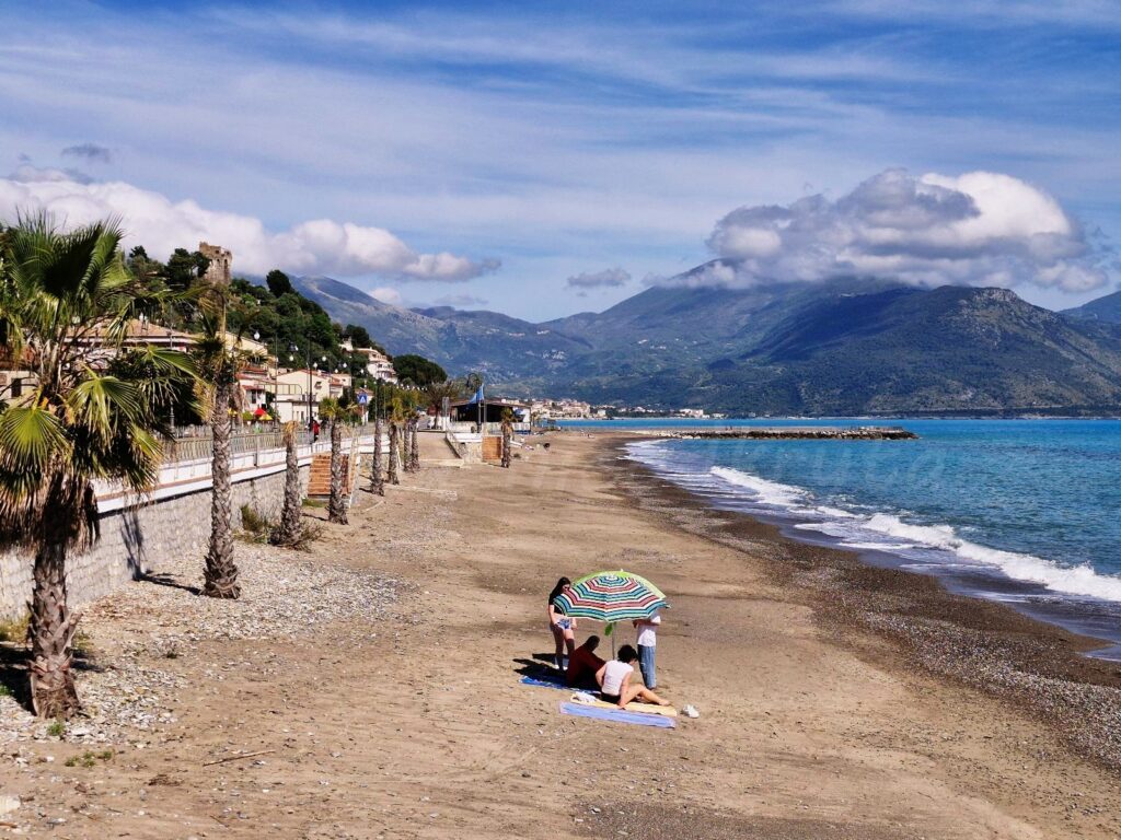 On a sandy beach by the blue sea stands a blue and white umbrella, under which two people are sitting. Tall palm trees grow along the beach.