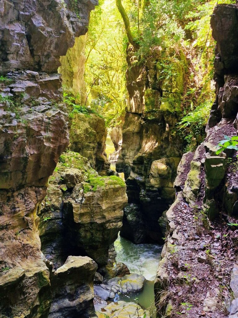High rocks from which the river flows, one bank is covered with greenery.