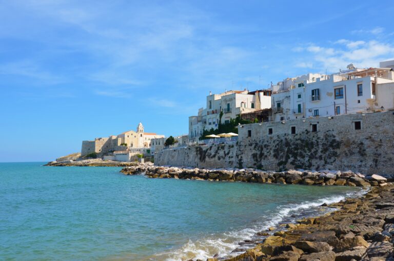 The white houses of the old town of Vieste stand on a rock above the sea.