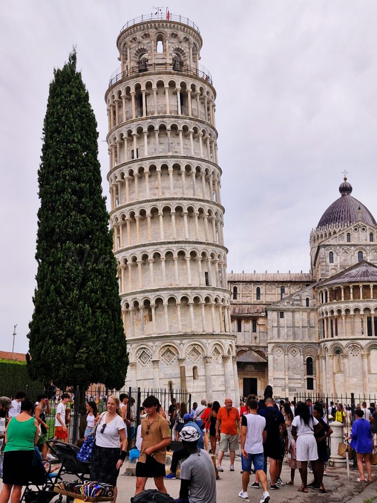 A tall, white leaning tower stands against the background of the cathedral, on one side there is a tall tree, and behind the tower there is a crowd of people spending a weekend break in Tuscany