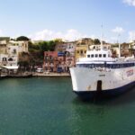 A large white ferry stands on the sea in the port, there are buildings in the port.