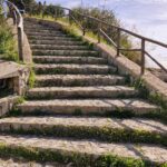Wide stone stairs with wooden railings.