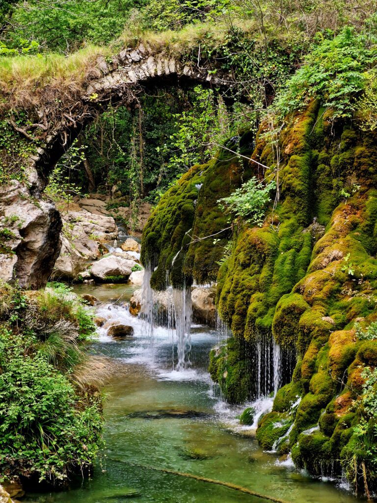 The river flows between the stones, plants grow on the banks, and an old stone bridge overgrown with greenery stands over the river. Easy hikes in Campania